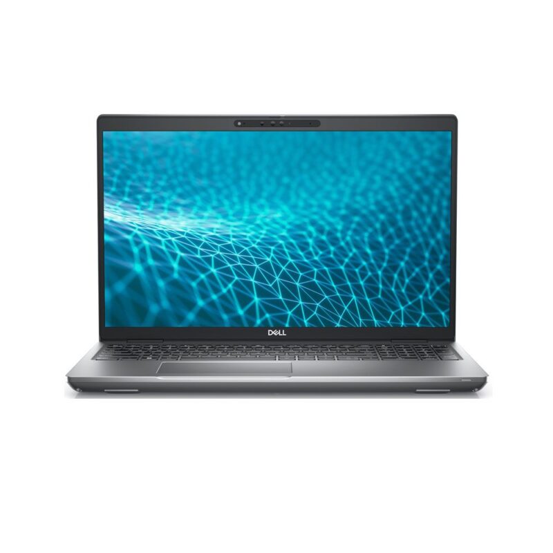 Titan gray Dell Latitude 5531 laptop open on a modern office desk showing a full-size keyboard.