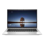Silver HP EliteBook 830 G8 2-in-1 laptop folded into tent mode on a desk.