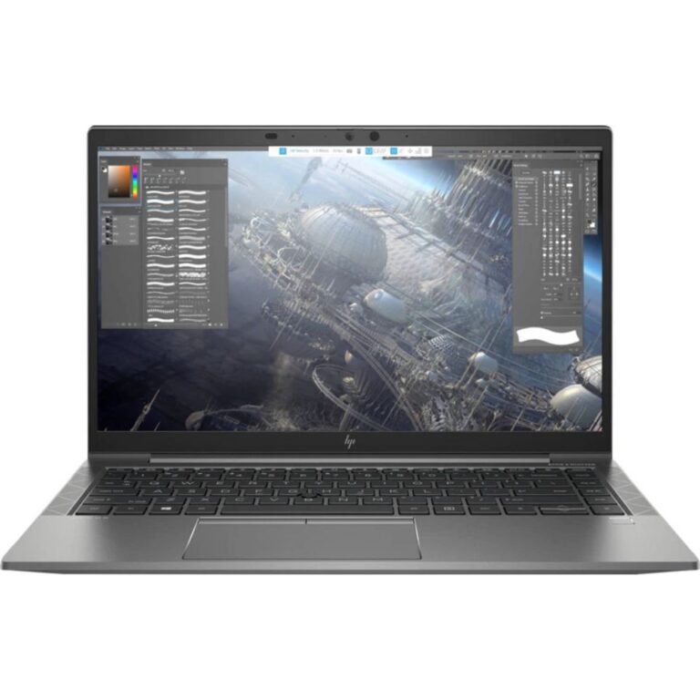 Sleek gray HP ZBook Firefly 14 G7 mobile workstation laptop open on a wooden design desk.