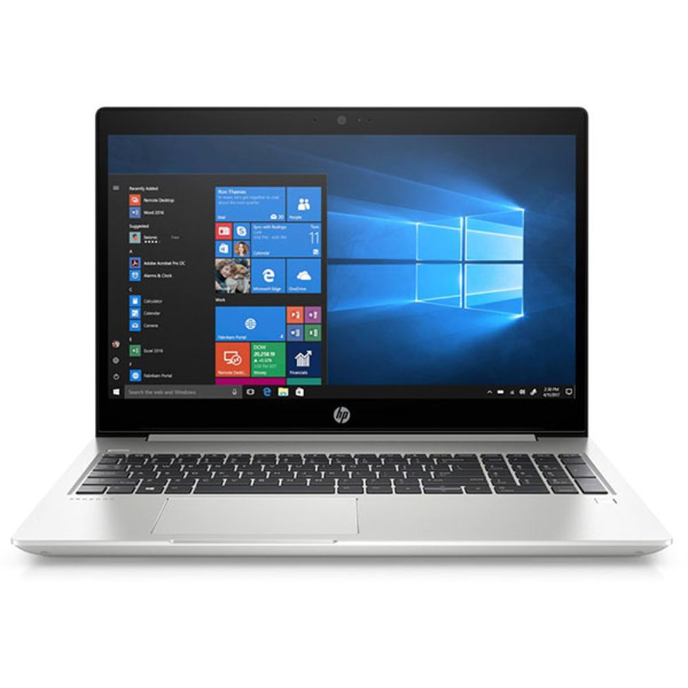 HP ProBook 450 G7 15.6" Full-Size Business Laptop Silver HP ProBook 450 G7 laptop open on a modern office desk showing the numeric keypad.