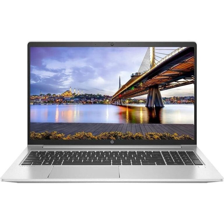Silver HP ProBook 450 G8 laptop open on a bright workspace showing the full keyboard.