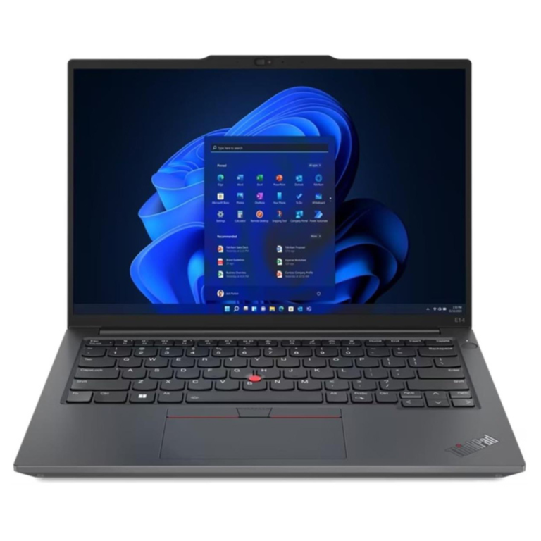 Sleek black Lenovo ThinkPad E14 Gen 5 laptop closed on a workspace showing the ThinkPad logo.