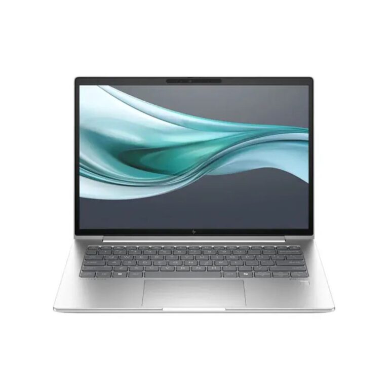 Top-down view of a closed silver HP EliteBook 640 G11 laptop on a wooden table.