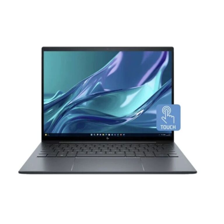 Slate blue HP Elite Dragonfly G3 ultra-light laptop open on a premium marble desk.