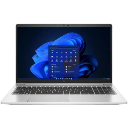 Silver HP EliteBook 650 G9 laptop open on a clean office desk showing the full keyboard.